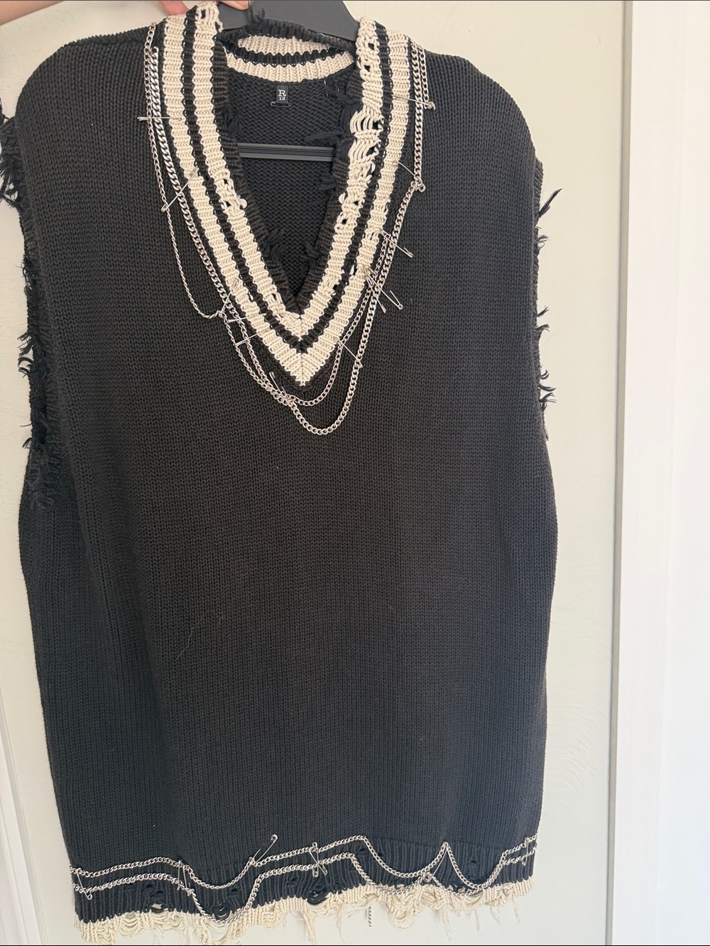 R13 Black & Cream V‑Neck Sleeveless Knit Dress with Chain Trim